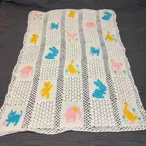 Vtg Handmade Crochet Baby Blanket Oversized Large Nursery Animals Colorful White